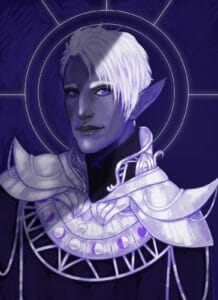a digital portrait of Essek Theylss, a drow man with purple skin. He has bright blue eyes, white eyebrows and short messy white hair. He wears intricate white armour with the phases of the moon stamped across it, and a high collared long dark robe. Though he smiles, his face and body is half in shadow. He stands in front of a purple background, and is haloed by a white outline.