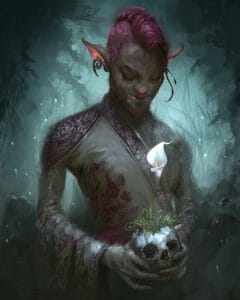 a realistic digital painting of Caduceus, a firbolg man with gray skin, pink hair that is shaved on one side, and a pink beard. He is looking down at a humanoid skull that he holds in his hands, from which a single white calla lily is growing out of the top. The background is of a gray and dreary looking forest that is dimly lit by a blue light, and there are faint blue floating lights around Caduceus that seem to glow.