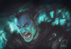 a realistic digital portrait of Fjord, a half orc man with green skin, yellow eyes and short dark hair. He is yelling angrily, his face contorted in rage. His teeth and tusks are bared, a vein on the side of his temple visible. There is black smoke that rolls off of Fjord, blurring the outline of him and it curls upward and out into the rest of the greenly lit background.