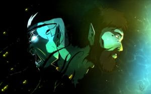 Digital drawing of two renditions of Fjord’s face in profile. The faces are joined at the neck, the images mirroring each other like a kaleidoscope. On the left Fjord snarls with his mouth open, saliva trailing from one lower fang to the top of his mouth. He has green skin, pointed ears and a white streak in his buzz cut hair. His eyes glow with a bright blue light. On the black background, tentacles reach up towards his face. In the second image, an older looking Fjord looks to the right. His hair is grown out, joining with a beard and moustache on his face. His hair is more brown and he no longer has a white streak in it. His eyes shine a bright yellow. The black background fades into a calm ocean beside him.
