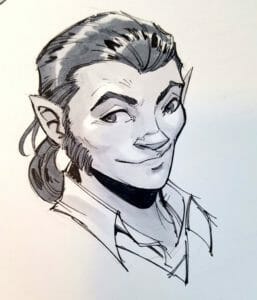 Ink drawing of Scanlan from the neck up. His hair is pulled back off his face into a low ponytail. He has pointed ears, his eyebrows arch, and he has a smile on his face. He is wearing a shirt with a high collar.