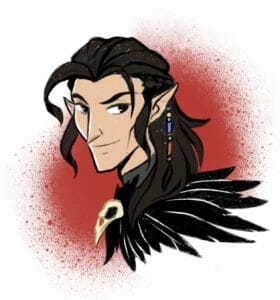 a digital portrait of Vax, a half elven man with pale skin, long dark brown hair, and a black feathered cloak with a raven skull clasp.  He is drawn at a three quarter view, and he is smiling. He is drawn in front of a red circle that looks like it has been spray painted onto a white background.