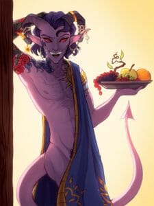a digital drawing of Mollymauk Tealeaf, a purple tiefling man, with red eyes and wavy purple hair, and horns decorated with various jewellery. He is leaning, almost naked, against an open doorway, a fruit platter in one hand, and smiling suggestively. A blue and gold blanket is draped across his shoulder and cuts diagonally across his torso. He is lit from behind by a warm golden light.
