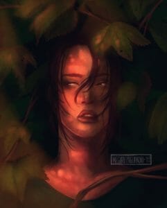 A digital bust painting of Beau, half-hidden amid wide-lobed green leaves and thin brown branches. She’s pale-skinned and glancing off to one side, her dark brown hair spilling down either side of her face and a single lock of it falling down over her nose. She’s half in shadow, the other half of her face dappled with sunspots.
