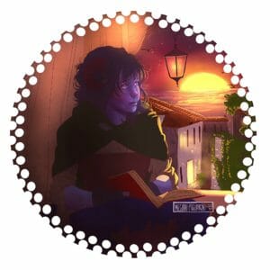 Digital drawing of Jester sitting in a window at sunset. The drawing has a circular white border. Jester sits in a window and writes in her book. She is looking up and to the right with a neutral expression. Several buildings can be seen outside the window, as well as the sun setting over the ocean.