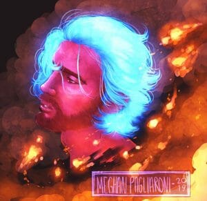 Digital bust of Caleb looking to the left with a neutral expression. His skin is a dark pink, and his hair is a bright glowing blue. He is surrounded by a background of reddish orange, possibly flames or cinders.