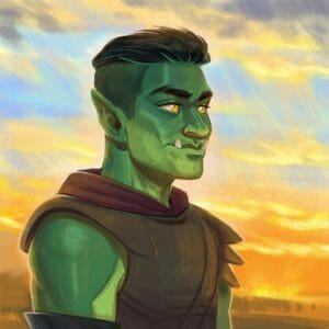 Digital bust of Fjord looking off to the right with a peaceful expression on his face. The background is a bright yellow sunset reflecting through the clouds. He is a half-orc with green skin, a buzzcut, and bright yellow eyes. Two small tusks peek out from the corners of his mouth. He wears brown leather armour.