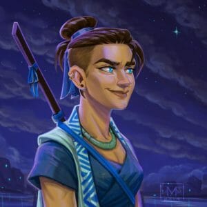 Digital bust of Beauregard looking off to the right smiling. The background is a cloudy blue night sky with ocean and a city underneath it. She is a woman with light brown skin and dark brown buzz cut hair tied into a bun with a blue ribbon. Her ear has four piercings in it, two small hoops and two studs. She wears a thick jade necklace around her neck. Light reflects off her blue eyes causing them to sparkle. She has a staff with a blue ribbon on it strapped to her back, held in place by a blue ribbon across her chest. She wears a light blue sleeveless robe with a dark blue triangle patterned collar. She wears a dark blue criss-crossed shirt underneath.