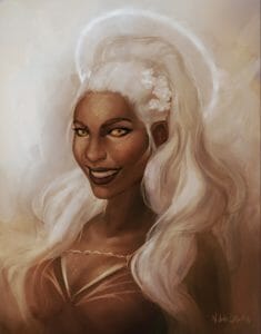 Digital bust of Reani staring to the side smiling. The image is on a background of white fading to brown at the bottom. Reani is a woman with brown skin, golden eyes, gold freckles, and long white hair pulled into a high ponytail. Delicate white flowers are placed at the top of her head. Hovering above her head is a white halo just peeking out of the background. She wears a shirt with gold trim and a gold lapel collar attached to it sits on her chest.