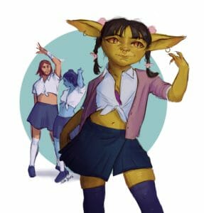Digital drawing of Nott, Caleb and Jester in school-girl outfits as they stand in dancing poses on a white background with a blue circle behind them. Nott, an olive green goblin, stands in the front, wearing a white shirt tied up to expose her belly button. She is wearing a long pink blazer, blue short skirt and knee high leggings. Her short black hair is braided into pigtails tied with pink ribbons, and pink pom-pom hair bands behind her ears hold the braids in place. One of her hands is up by her ear, fingers curling towards her face, the other is down by her side. Caleb and Jester stand less detailed behind her, both wearing a tied up shirt, mini skirt and knee high socks. They pose with their arms above their head in a dance pose.