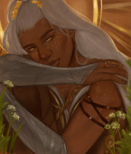 Digital drawing of Reani sitting in a field of grass with small white flowers growing around her. She sits with her knee drawn to her chest, arms embracing herself around it. She has brown skin, gold eyes, and gold freckles on her face and shoulders. Her long white hair flows down to the ground. She wears a headband of gold flowers holding her hair in a high ponytail. She wears an armband made from twisting ropes, and wears gold bracers on her wrists. Behind her head is a bright yellow halo sun on a brown background.