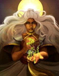 Digital drawing of Reani, a woman with brown skin and hovering white hair, half pulled into a bun. The image is on a brown background with a bright yellow circular sun behind her head. She holds her hands in front of her, with green energy sparking from her fingertips and a plant beginning to form in the middle of them. Her skin is covered in speckled gold freckles and her eyes shine a bright yellow. She wears a gold leather choker that extends into the trim of her long flowing dress that has a gold ribbon around her waist.