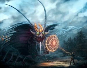 A digital painting of a fight between Caleb and a Remorhaz in a snowy landscape. Caleb stands posed, casting a beam of light that extends from his hands, turning into a wide circular glyph that rests in the air between him and the creature. The beam’s light casts a warm yellow reflection on the ground below them. The creature, twice as tall as Caleb, opens its wide circular mouth exposing sets of jagged teeth. It has small beady green eyes and two long antennae protruding from its head. Many centipede-like legs extend from its long body, along with a face that curves up from its torso like a snake about to attack. The sky above them is grey and cloudy, reflecting the atmosphere of the piece. A snowy mountain range reaches up to the sky behind them as they stand in front of an outcropping of trees. A mammoth is barrelling towards them from the distance. Small snowflakes dot the entire image.