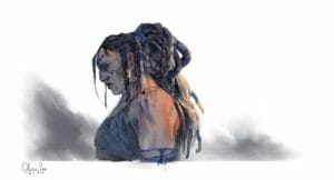 a digital portrait of Yasha, an aasimar woman with pale skin that looks bruised and dirty. She has dark braided hair that fades to white, pulled back into a loose ponytail, with wisps of hair falling around her face. She is in profile, her muscular frame lit from behind her by a reddish light, and she is looking down with a serious expression on her face. Around her in the background are gray smudges resembling smoke that fade into a blank white background.