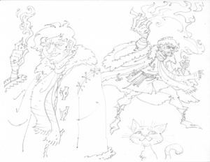 Two line art pencil drawings of Caleb, one full body and one from the waist up. In the waist up drawing he looks towards us with a stern expression on his face. He holds one arm in the air, the other dangling from his side. A flame extends from his bandaged raised hand up above his head. He wears a long, oversized, fur coat that has large stitching on the shoulder. A long wool scarf dangles from his neck. In the second image he poses in a battle stance. His legs are apart for support, his arms extend with one arm held out in front of him, the other raised by his head. Fire arches from one to the other in a stream of flames. His coat is flapping open exposing a book attached to the inside on a belt. His long scarf flows in front of him. The image has a lot of movement, with his clothes drifting away from him as if he is in motion. On the bottom of the page is the head of Frumpkin the cat with long whiskers looking up towards Caleb’s figure.