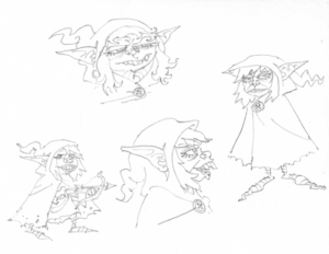 Line art pencil drawing of Nott in four different poses. The first image is a full body depiction of Nott wearing a half-hooded robe, her crossbow pointing in front of her as she looks towards us. Her legs are covered in bandages and her clothes are torn. The second image is a bust of her face, the long pointy tip of her hood trailing off behind her. Her ears poke out from slits in the hood, her robe held together with a button. The third image is a side profile of the same bust. Nott looks to the side, her crooked teeth jutting out of her wide mouth. The fourth image is a full body drawing of Nott with her robe wrapped tightly around her, her bandaged pointy feet sticking out. She has a stern expression on her face.
