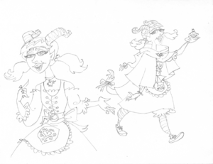 Two line art pencil drawings of Jester, one full body and one from the waist up. In the waist up drawing, she smiles out towards us, her hair in pigtails with short bangs and two long, curved horns sticking out of the top of her head. She points towards her face with one hand, the other held out to her side. She wears a choker around her neck with a unicorn charm dangling from it, and rings on her fingers. She wears a dress with a corset top, large bow around her waist and frilly shirt underneath. In the second image she is in the middle of walking away, one arm raised above her head presenting a floating cupcake. She wears a short cloak tied around her shoulders, a knee length dress and buckled shoes. A tail sticks out from behind the dress, a little bow tied around it.