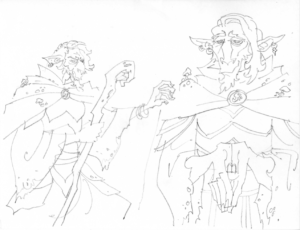 Two line art pencil drawings of Caduceus, one full body and one from the waist up. The first image is a full body side profile of him as he holds an arm up, the other holding a curved wooden staff in front of him. He has a long goatee, long nose and cow-like face. He wears earrings on his pointed ears and bangles around his wrist. He wears a tattered cape speckled with mushrooms and moss growing out of it. In the second image he stares towards us, his mouth curved into a smile. His hands are held out in front of him with his palms together facing down, his thumbs pressed together. Under his mushroom covered cloak he wears layered armour.