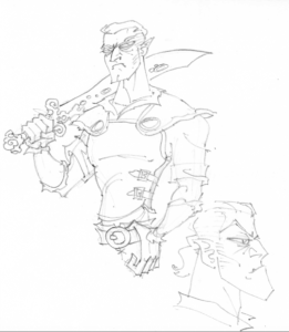 Line art pencil drawing of Fjord from the waist up with a side profile of just his head in the lower right corner of the page. He is a half-orc with an angular jaw and stern expression on his face. He poses with one hand holding a sword behind his head and the other hand holding onto his belt. The sword hilt looks like it is made of coral and barnacles extend up it. He wears plate armour with a shirt underneath with rolled up sleeves. He has a belt around his waist that has a large circular buckle. The second image is a side profile of just his head. He has a buzz cut with a ponytail at the back. He has pointed ears and his angular jaw juts in front of him. He glares with a stern expression on his face.