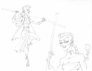 Two line art pencil drawings of Beauregard, one full body and one from the waist up. In the full body image she poses with both hands holding her staff behind her head. She is slender and muscular. She stands on one foot, the other bent and placed on her knee. She has a long mohawk that becomes a long twisted ponytail behind her head. She wears a long coak with a high collar, bandages around her wrists, a tube-top, and pants with a long ribbon belt. In the second drawing she stares at us with half-closed eyes. She wears a choker around her neck with a diamond pendant hanging from it, and three large hoop earrings dangle from her ear. She holds her staff up beside her and it extends past her head. She wears a tube top and bandages around her wrist.