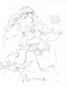 Line art of Yasha from the knees up posing with one arm raised in a fist, the other holding her sword in front of her.  She is a large muscular woman with tattoos on her face of lines extending from her nose. Her face is angled up fiercely, her long curly matted hair is held together with thick wrapping. She wears a fur cloak around her neck held closed with a half-moon pendant. She has a wide belt around her waist with a half moon in a circle in the centre. A sword is sheathed by her waist, a long hilt sticking out. By her waist she holds the hilt of her longsword, disappearing off the image.