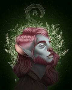 A side profile headshot of Caduceus. Caduceus is a firbolg with gray skin, long pink hair, a short beard, and cow like ear and nose. He is looking to the right with a slight smile. There are drawn plants behind him, surrounding his head. Directly above his head is a staff that curves into almost a full circle. In the center of the circle is a beetle.
