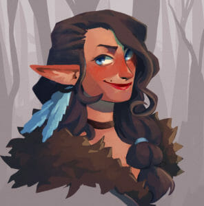 A painting of Vex from the shoulders up. She is a tan skinned half-elf with long brown hair tied with a blue hair tie over her shoulder, and two blue feathers tucked behind her long ear. She is wearing a very fluffy brown fur cloak.