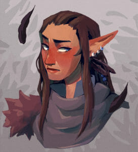 A painting of Vax from the shoulders up. He is a tan skinned half-elf with sleek brown hair. He has three piercings in his long ear, and is wearing a black cloak.