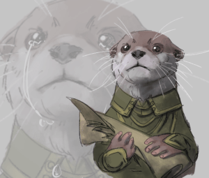 A drawing of an otter in a fancy green outfit holding a scroll and quill. Behind it is a close up of its face with tears in the eyes.