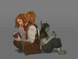 A drawing of Caleb and Nott sitting back to back. Caleb has light skin and ginger hair and is hunched over reading a book, with Frumpkin standing on his shoulders also looking at the book. He has a hand raised to his lips and his legs crossed. Nott has green skin, dark hair and long pointed ears. She is looking at something gold in her hands and gesturing as she talks.