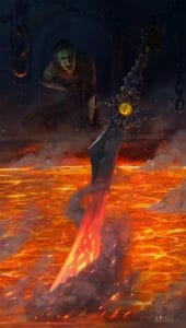 A digital drawing of Fjord with a pained expression on his face as he yells, his eyes shut. In the foreground, his sword, a falchion adorned with a yellow, snake-like eye and its hilt covered in barnacles has been thrown into a pool of lava. The lava heats up the tip of the sword, causing it to glow, and the dull light reflects off of the chains dangling from the ceiling. The background is dark, showing the faint outline of an arched doorway.