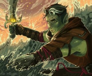 A digital drawing of Fjord, a half-orc with a white streak through his black, quiffed hair. He has a scar shaped like an “X” through his left eyebrow and a scar across his upper lip. He is wearing leather armor, and red rope is wrapped around his elbows and his waist. He raises his sword, a falchion covered in barnacles with a yellow eye in the hilt. His left hand is submerged in a wave that rises up behind him. Behind the wave is a sunset, pink and red making way for the stars in the dark night sky.