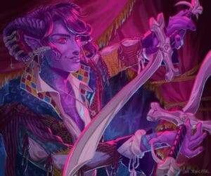 A digital drawing of Mollymauk, a purple tiefling with red, pupil-less eyes. He has ram-like horns adorned with jewelry. Peacock feather tattoos crawl up the right side of his face. He is wearing a coat patched together with different colors. He is juggling his silver scimitars in front of red curtains held open by yellow rope. The drawing is lit by purple light.
