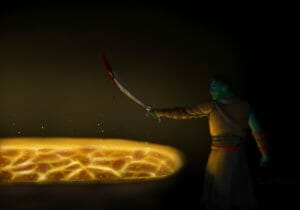 A painting of Fjord on a dark background. He is standing sideways with his arm extended over a glowing pool of lava, holding his falchion. The falchion is dripping blood, and has a bright yellow eye in the hilt. Fjord is wearing leather armor and has red rope wrapped around his arms, and a matching rope around his waist. He has green skin that is dark on his forehead and the back of his arms and lighter on the front of his arms and lower face.