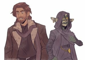 A drawing of Caleb and Nott. They both look concerned, Caleb looking down to the left and Nott looking up to the right. Caleb is a medium skinned human in a ratty brown coat and blue scarf and dark shirt. He has stubble and shoulder length auburn hair tucked behind his ears. Nott is a goblin with long ears wrapped in bandages, one with a gold earring. She wears a dark cloak with the hood up and a dark shirt. She has a belt with a gold chained pocket watch on it. Her eyes are yellow and cat-like and she has a gold septum piercing.