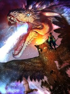 Digital drawing of Beauregard on top of an owl, a large dragon behind her. The dragon’s scaly face looms in the background, ice shards floating behind it.  A bright blue beam of light is bursting from its mouth, exposing its sharp fangs. Beau stands on the shoulder of a large brown owl. Its wings spread open wide, a halo floating on top of it’s head. A bat flies in the corner of the image, blurry in the foreground. The background of the image looks like a galaxy with purples turning to blues and pinks. Snowflakes speckle the image, concentrated near where the ice beam is.