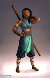 A realistic digital drawing of Beau standing in front of a pale pink background. Beau is a lean, muscular East Asian woman with brown skin and shoulder-length straight black hair in a loose braid over one shoulder. The side of her head is shaved and she’s wearing a blue wrap croptop, baggy blue pants, a turquoise tabard, and brown leather armor pieces. She has a staff strapped to her back, and she’s standing with one hand on her hip and the other touching the back of her neck. She’s looking at the viewer with a neutral expression.