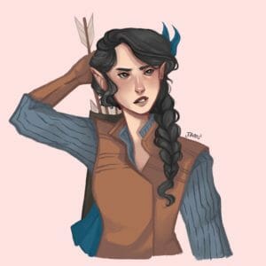 A painting of Vex, a pale skinned half-elf with long black hair in a braid over her shoulder. She is wearing a striped long sleeved blue shirt under leather armor, and reaching behind herself into a quiver of arrows.