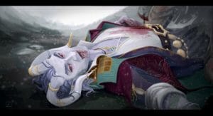 Realistic digital painting of a dead Mollymauk laying in a snowy field, blood pouring from his mouth and belly. Molly lays on the ground with one hand resting on his stomach, the other lying on the ground. His skin is a pale lavender and his red void eyes stare towards us. He wears a colourful red coat with embroidered lines on in, and a white linen v-neck stained with blood from the gash in his side. A figure is barely seen standing above him, and a blade hovering over his body is dripping blood. The background is a snowy valley that is out of focus, blurring the further it goes.