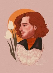 A bust of Caleb in profile. He is a pale human with wavy ginger hair and a thin beard. He looks serene and is wearing an orange turtleneck and a high collared black coat, with a fuzzy knit white design around his neck. The drawing has a pink background with a light orange halo behind him and two white tulip flowers next to his face.