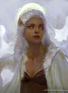 Art of Reani, a tan skinned aasimar woman with white hair and many golden freckles across her cheeks and shoulders. She is wearing a leather corset with gold designs and a white fluffy shawl. She has a gold hairpiece resting on the top of her head, and is backlit with bright light. Her eyes are also gold, and she has a neutral expression on her face.