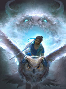 A digital drawing of Beauregard sitting on the back of a large owl flying away from the open mouth of a white dragon. Beau is a dark skinned woman with her hair in a bun, and she’s wearing blue clothing. She stares outward as she holds onto a staff with one hand, the other holding onto the owl. The owl glides forward with its wings spread open. The feathers on its face have gold detailing and a gold half-halo rests on top of its head. Behind them both is bright blue light radiating from the wide open toothy mouth of the dragon. Its eyes shine a bright blue, two large horns protrude from its face. The edges of its face fade off into the background like smoke.