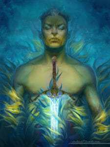 a realistic digital painting of Fjord, a half-orc man with green skin, dark hair with a noticeable gray streak, and tusks that are barely visible. He is topless, and floating in vibrant blue water and a patch of seaweed with his eyes closed. The seaweed is wrapped around his arms and torso. In front of Fjord is a sword, and the blade of the sword is glowing.