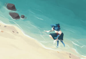 A painting of Jester, a blue tiefling in a white and blue dress, standing in the ocean waves on a beach. The angle of the picture is looking down from above. Jester is smiling, looking inland with a hand shielding her eyes. There are three rocks in the water in the upper left, and some stones and shells in the sand.
