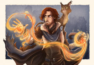A drawing of Caleb, a white human with ginger hair. He is wearing a fur lined brown ratty coat and a blue scarf, a brown tunic and a belt. He is looking to the left with a stern expression, one hand raised and emitting a swirl of flame that goes across his body and gathers in his other hand. Frumpkin stands alert on his shoulders, looking in the same direction.