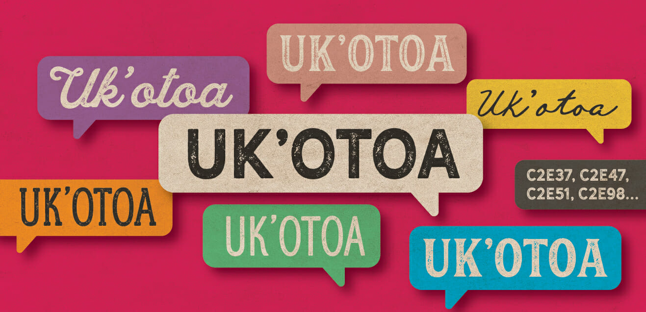 "Uk'otoa, Uk''otoa, Uk'otoa" - repeated in floating bubbles in varying fonts. C2E37, C2E37, C2E51, C2E98