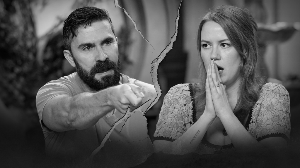 Two people split by a torn divider: a bearded man points angrily at a surprised woman with her hands near her face, in grayscale.