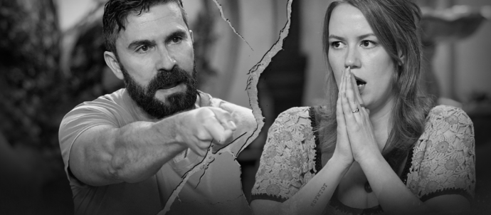 Two people split by a torn divider: a bearded man points angrily at a surprised woman with her hands near her face, in grayscale.