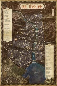Detailed map of a fantasy city called Dol‑Makjar, showing rivers, bridges, streets, and a left sidebar legend of districts and landmarks.